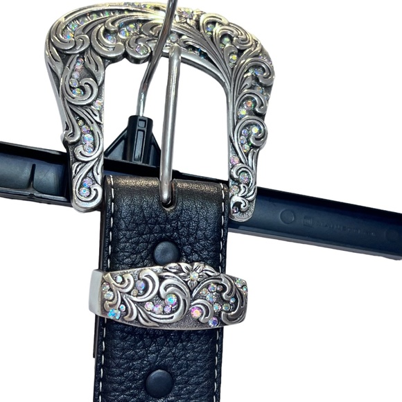 Tony Lama Kaitlyn Swarovski Crystals Metal Bead Black Leather Belt main image 5